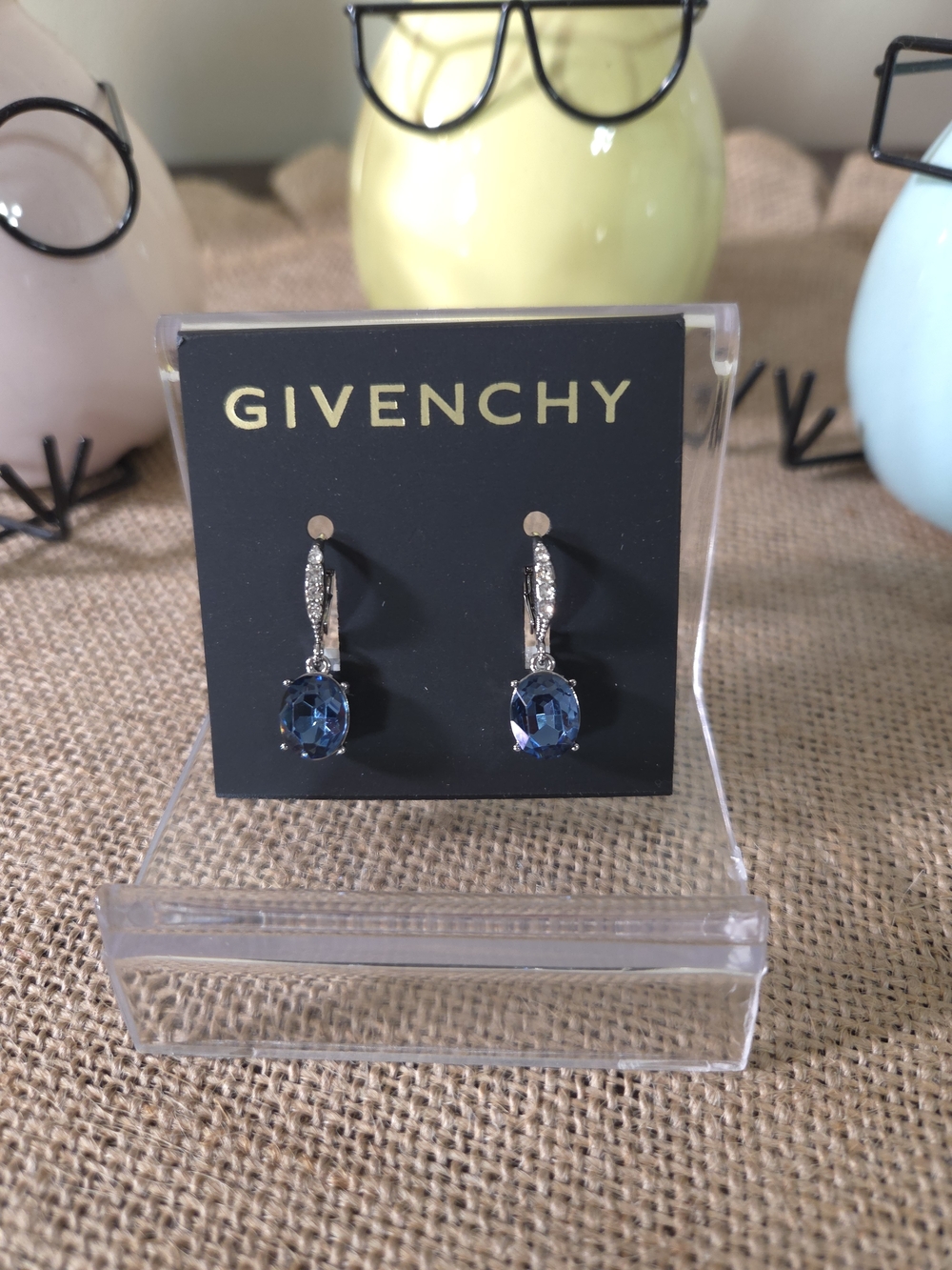 NWT Givenchy Silvertone Blue Crystal Drop Earrings